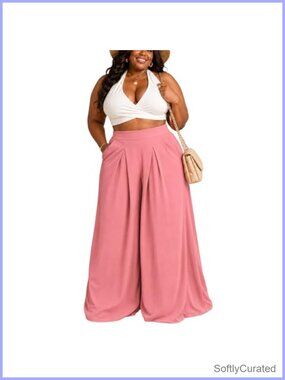 Plus Size Wide Leg Palazzo Pants High Waist Pull On Pockets